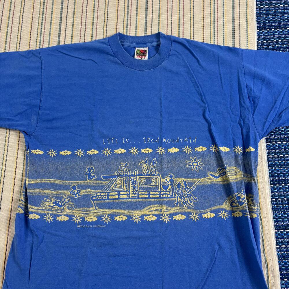 Life Is Iron Mountain Shirt Mens XL Blue Fruit Of Loom Lake Boating Tee EC